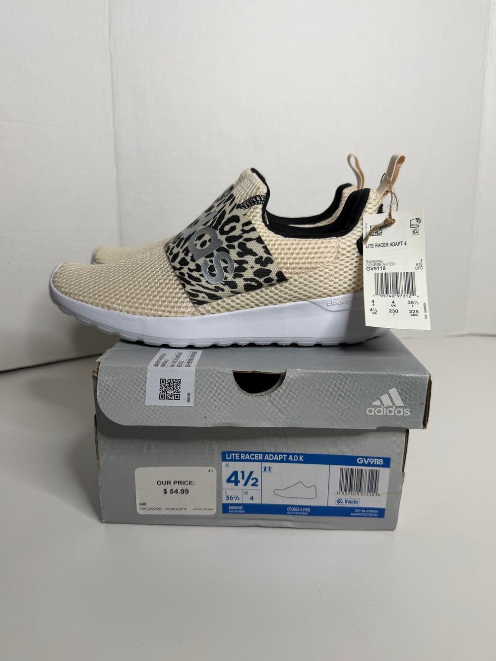 NEW Adidas Girls 4.5Y Pull On Sneakers Cream Animal Print